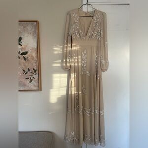 Anthropologie Beige Long Sleeve Dress with White Embroidery